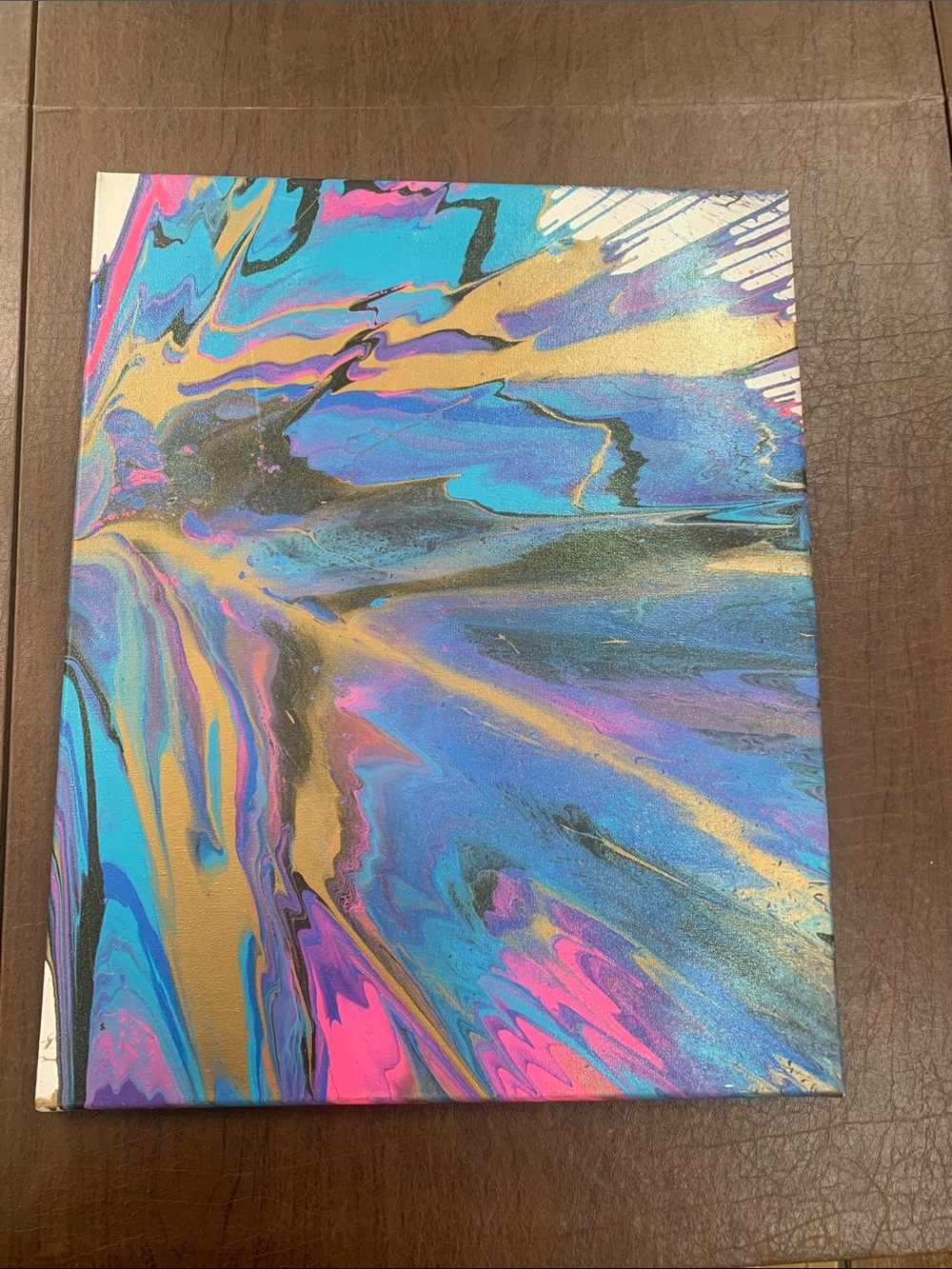 Abstract Fluid Art Canvas Painting in Blue, Gold & Pink